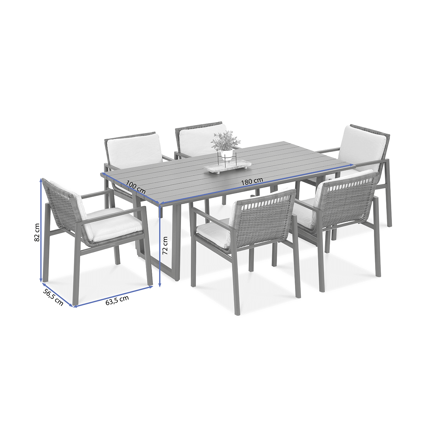 Rysunek z naniesionymi wymiarami na zestaw jadalniany LOTUS dining. Wymiary stołu: 100x180x72, wymiary krzesła: 56x63x82