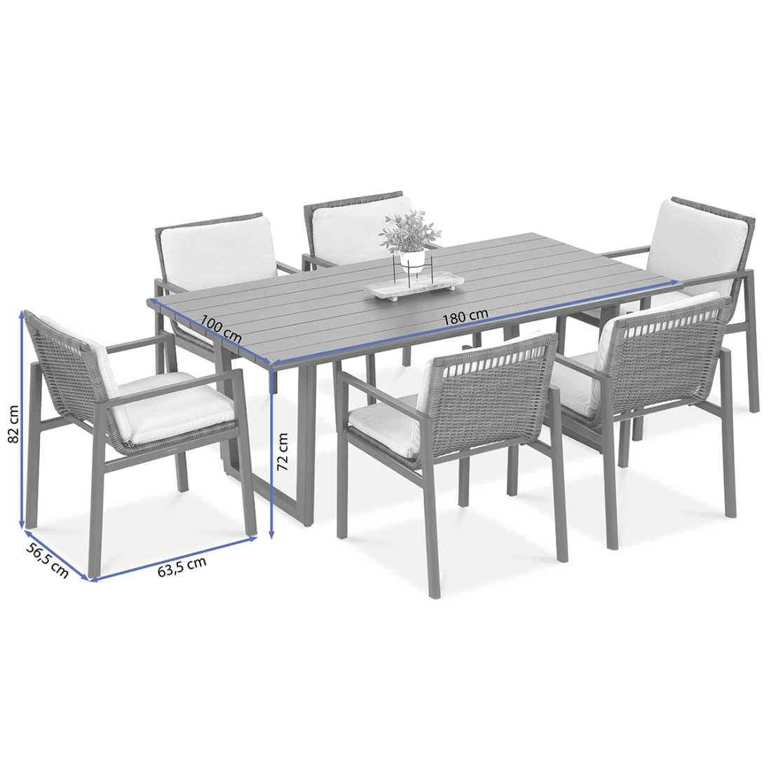 Rysunek z naniesionymi wymiarami na zestaw jadalniany LOTUS dining. Wymiary stołu: 100x180x72, wymiary krzesła: 56x63x82