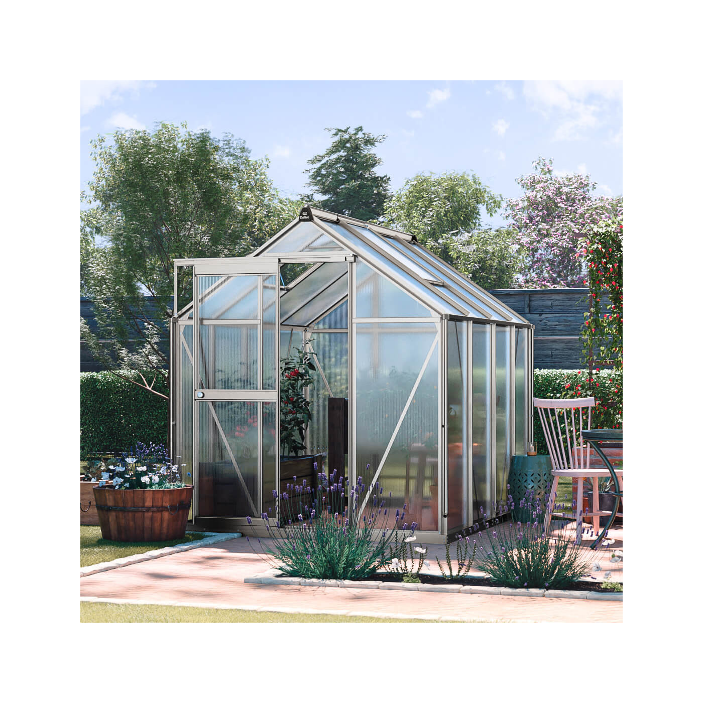 aranżacja srebrnej szklarni poliwęglanowej "slide in" 