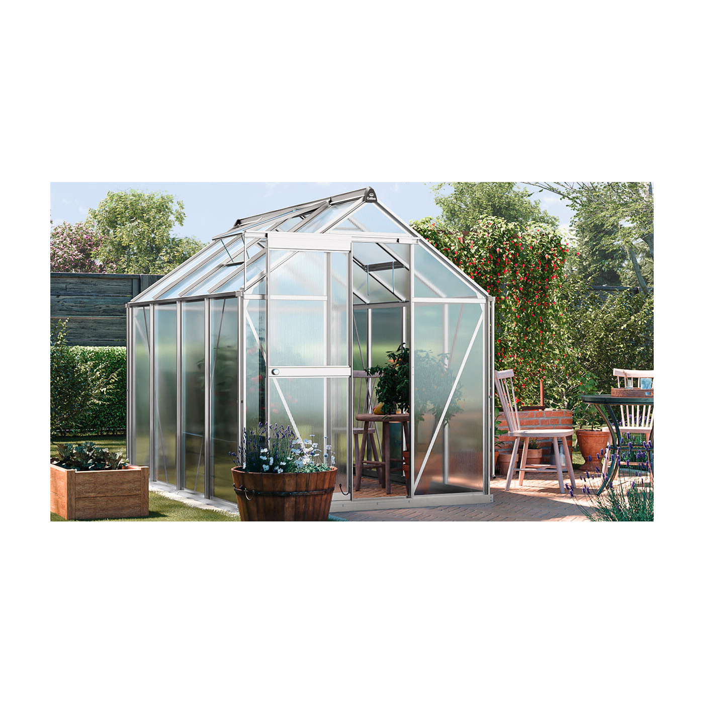 rysunek z wymiarami szklarni na warzywa "slide in" w kolorze srebrnym