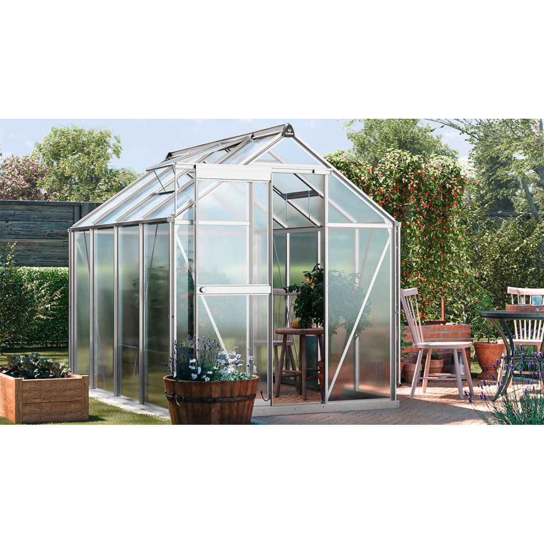 rysunek z wymiarami szklarni na warzywa "slide in" w kolorze srebrnym