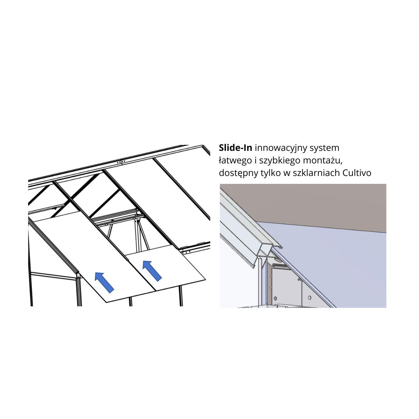 zbliżenie na wnętrze konstrukcji w szklarni poliwęglanowej