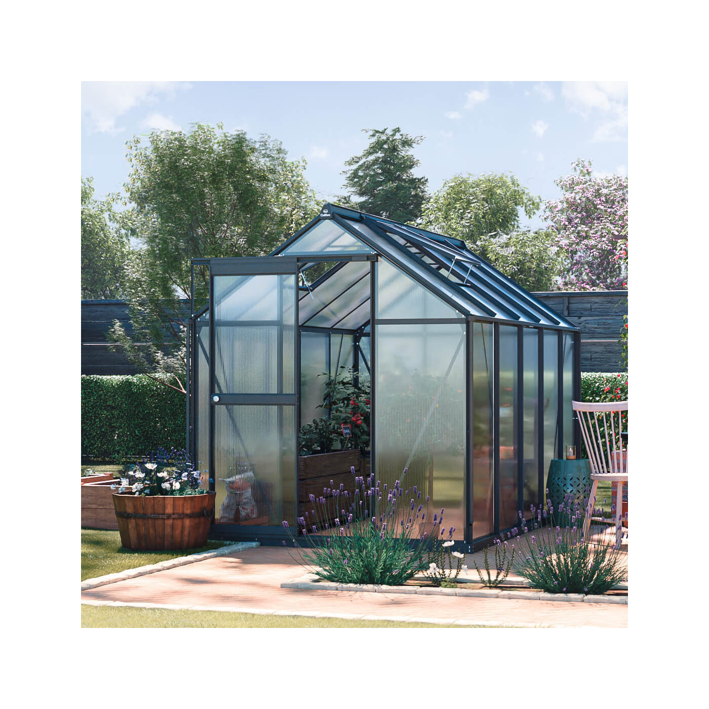 aranżacja czarnej szklarni z poliwęglanu na tarasie