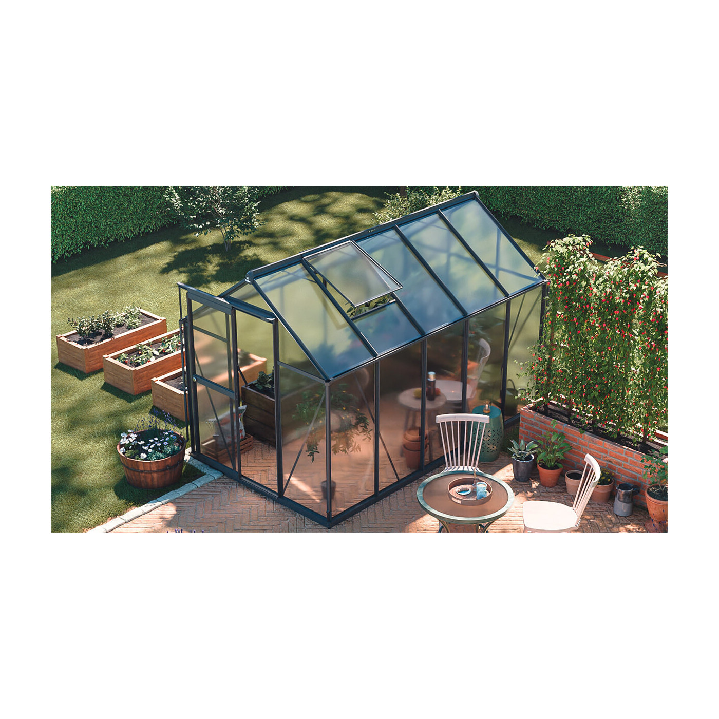 aranżacja na tarasie szklarni na uprawy "slide in" w kolorze czarnym