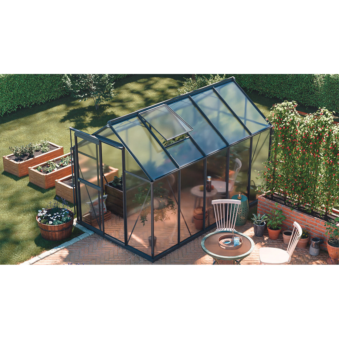 aranżacja na tarasie szklarni na uprawy "slide in" w kolorze czarnym