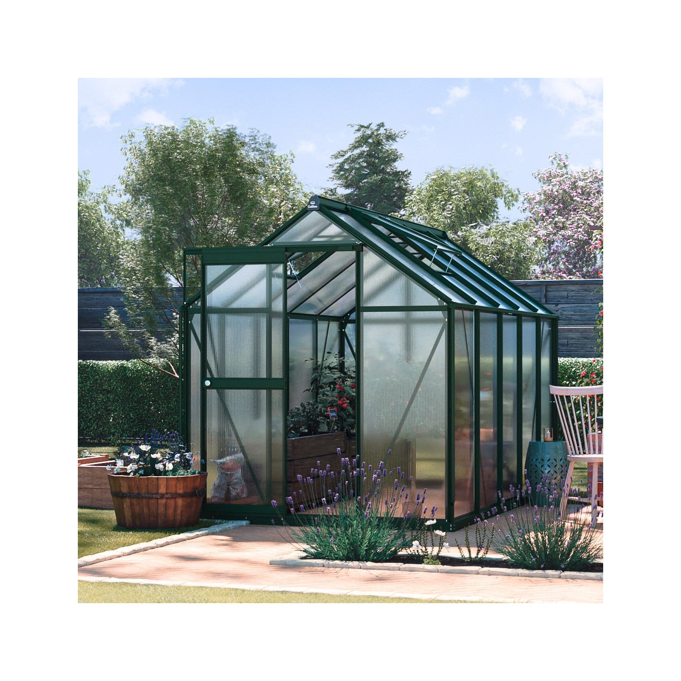 aranżacja ciemno-zielonej szklarni na warzywa 