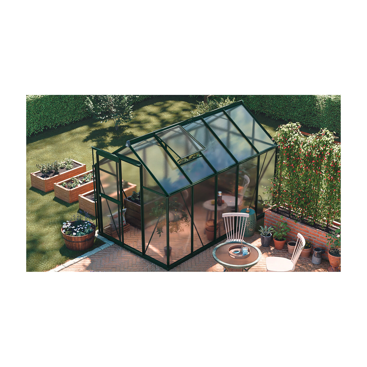 aranżacja przed domem szklarni na uprawy "slide in" w kolorze ciemno-zielonym