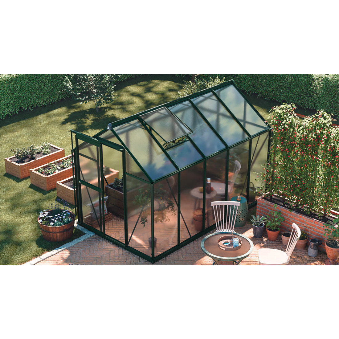 aranżacja przed domem szklarni na uprawy "slide in" w kolorze ciemno-zielonym