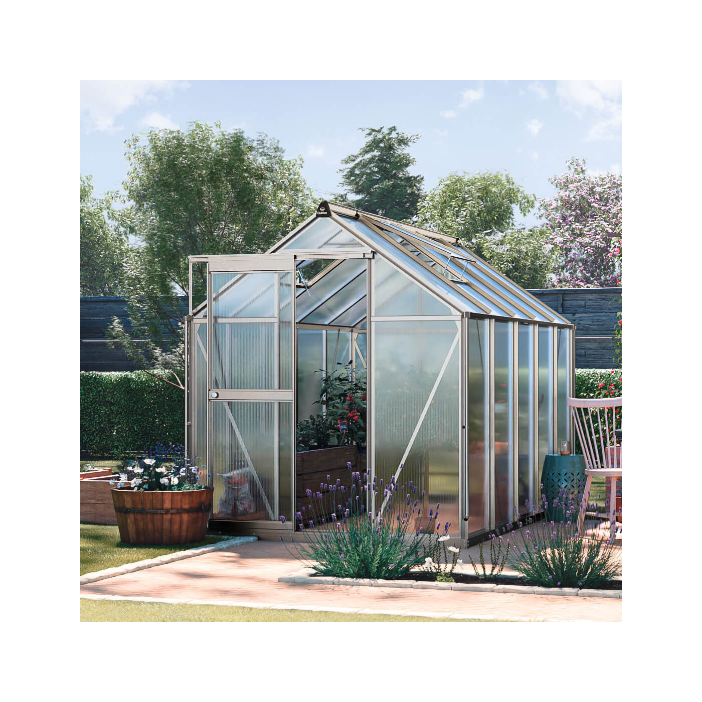 aranżacja srebrnej szklarni z poliwęglanu "slide in" 