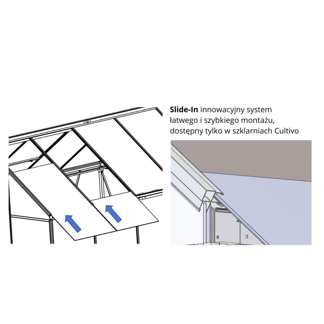 widok z wnętrza na metalową konstrukcję szklarni z panelami z poliwęglanu