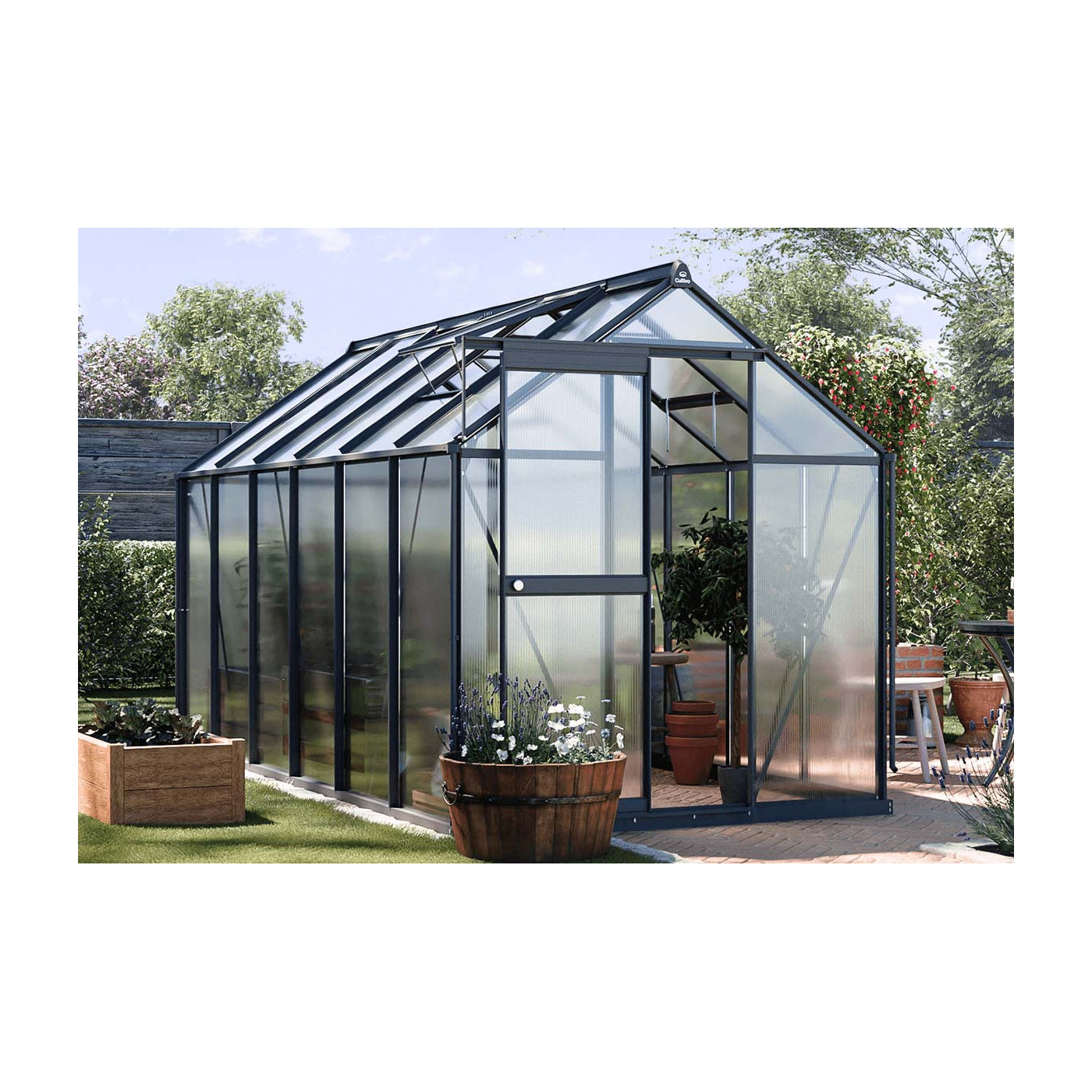 Aranżacja czarnej szklarni z poliwęglanu "slide in" w rozmiarze 183x361