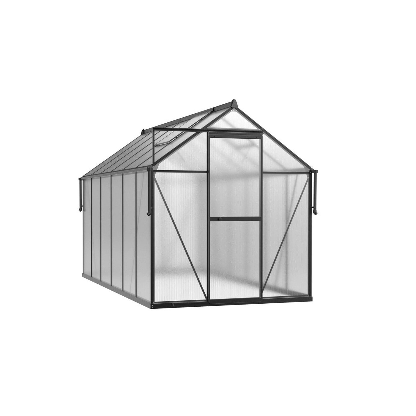 czarna szklarnia z poliwęglanu przed domem