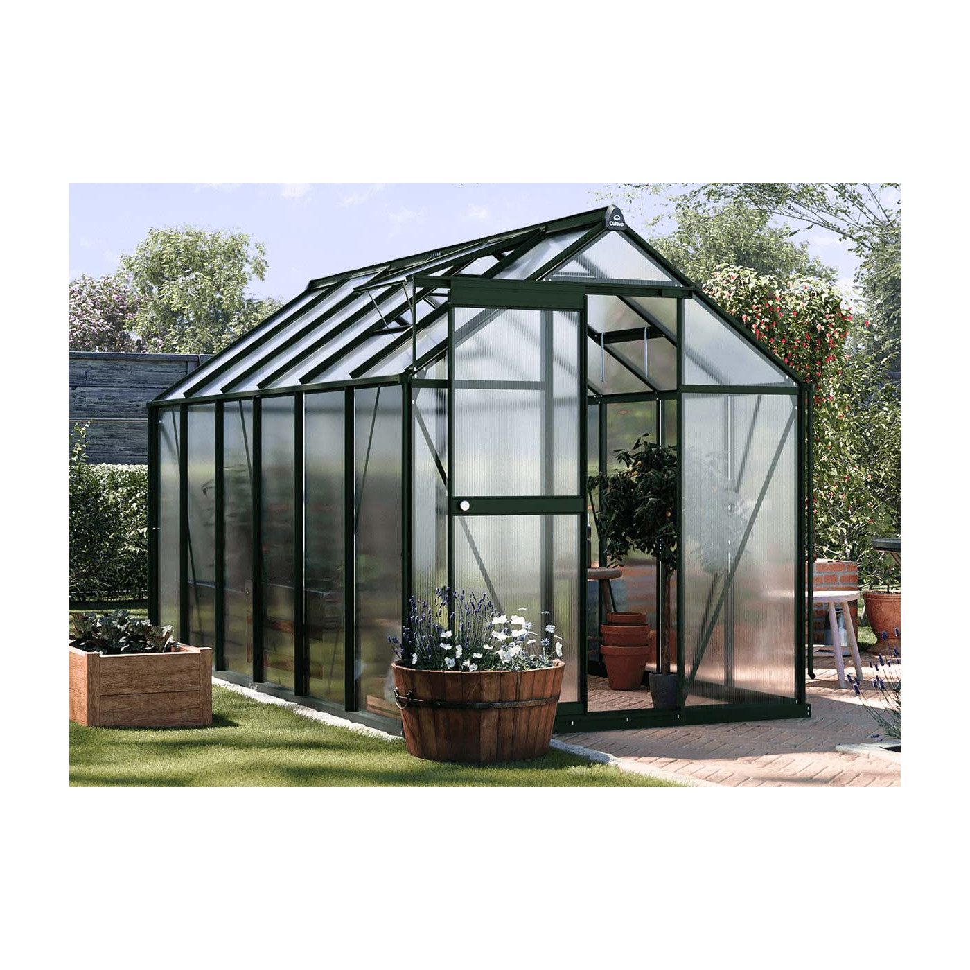 Aranżacja ciemno zielonej szklarni na uprawy "slide in" 