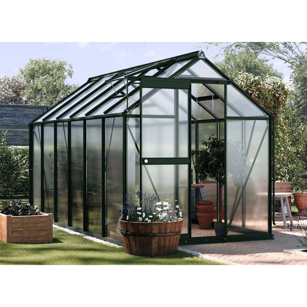 Aranżacja ciemno zielonej szklarni na uprawy "slide in" 