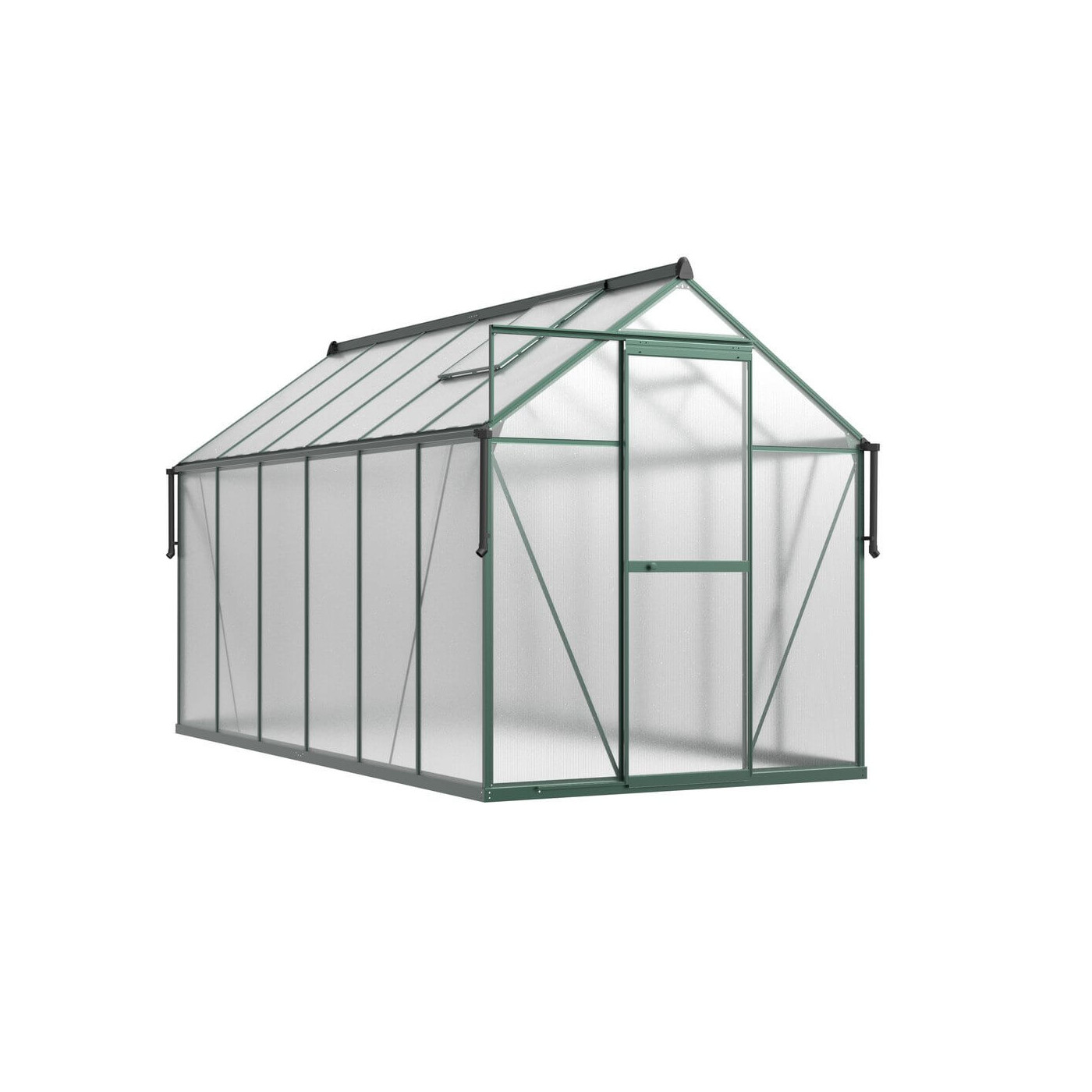 aranżacja ciemno zielonej szklarni "slide in" przed domem