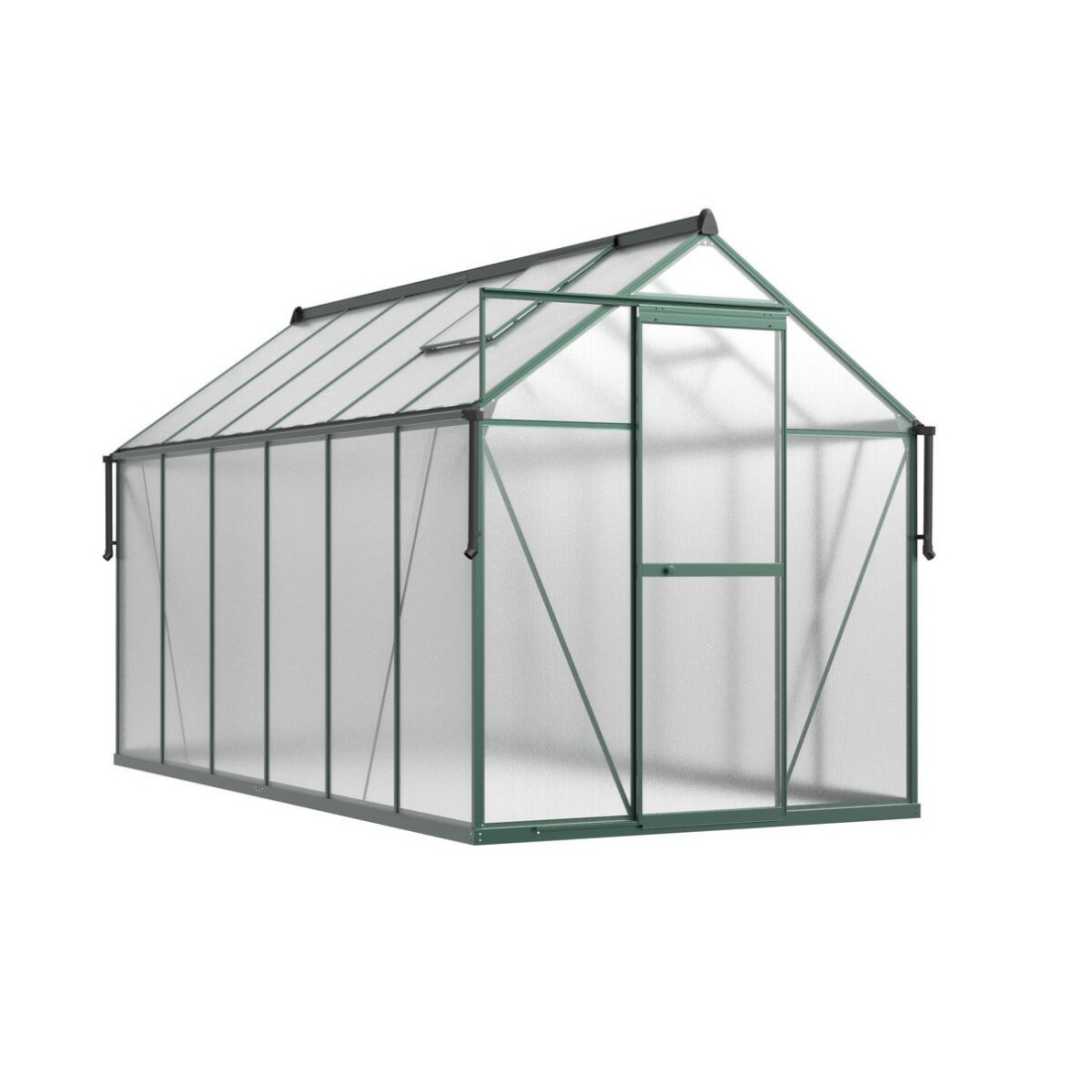 aranżacja ciemno zielonej szklarni "slide in" przed domem