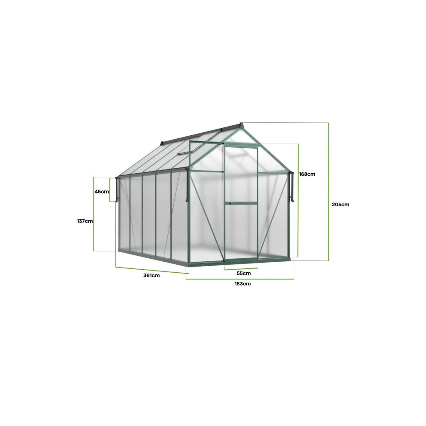 POLYCARBONATE GREENHOUSE 183x361 DARK GREEN NEW