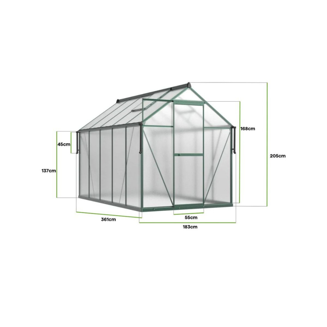 POLYCARBONATE GREENHOUSE 183x361 DARK GREEN NEW