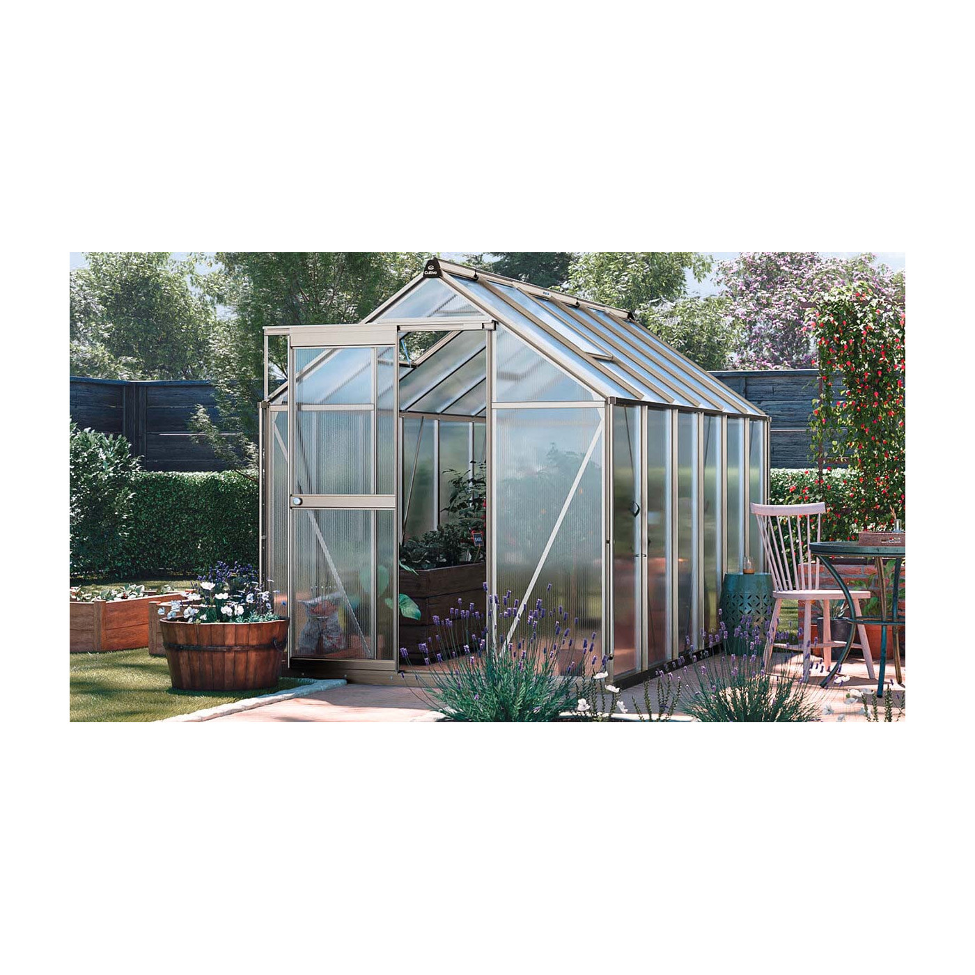 przód szarej szklarni z poliwęglanu do ogrodu "slide in" 