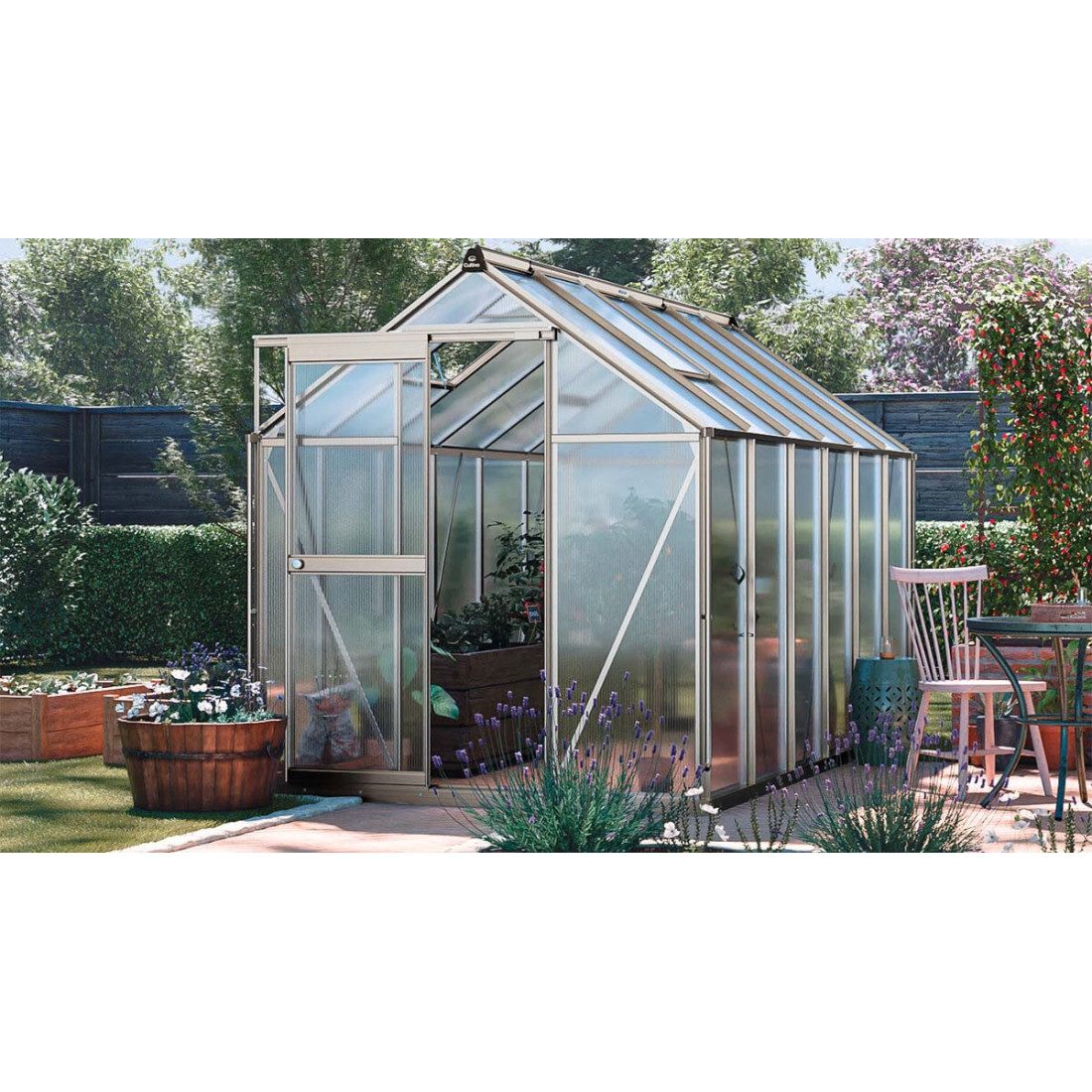 przód szarej szklarni z poliwęglanu do ogrodu "slide in" 