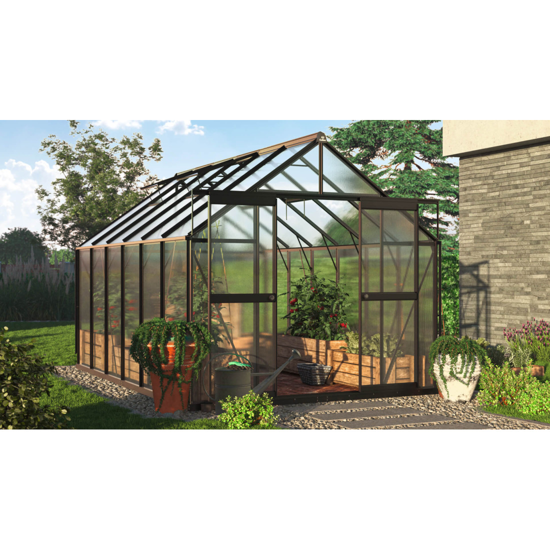 czarna szklarnia na uprawy z podwójnymi przesuwnymi drzwiami i oknami wentylacyjnymi