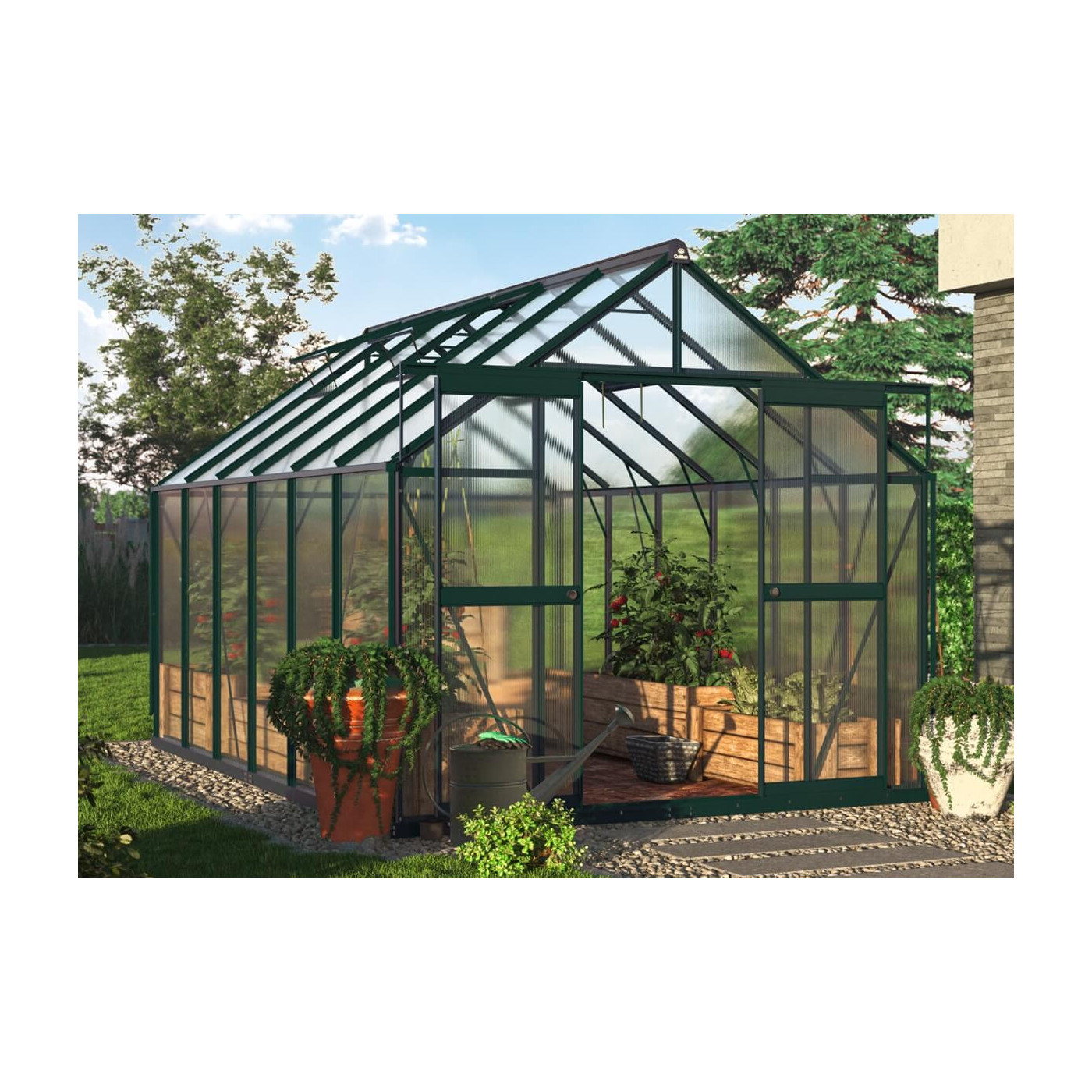 aranżacja ciemno zielonej szklarni z poliwęglanu na tarasie