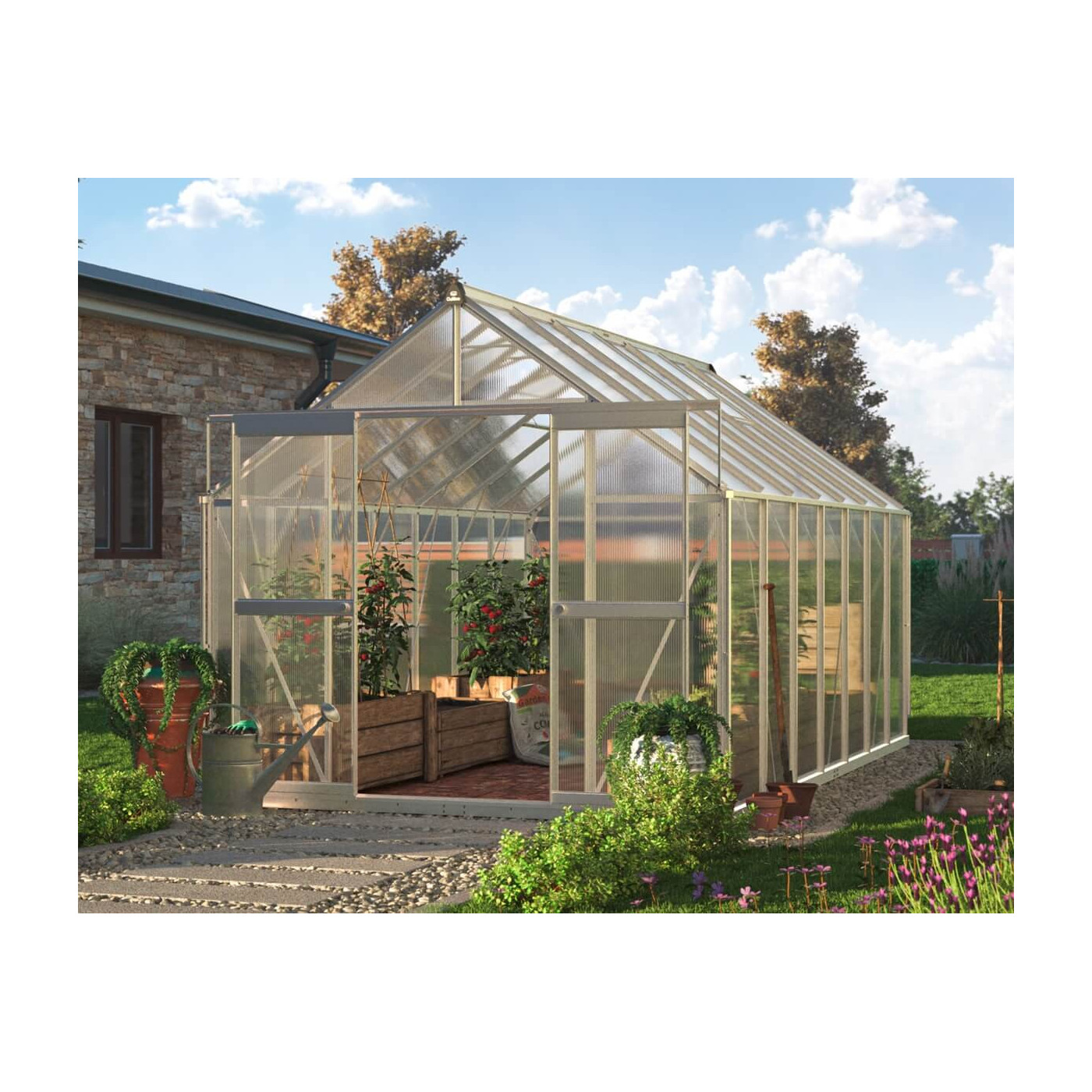 Aranżacja srebrnej szklarni z poliwęglanu 