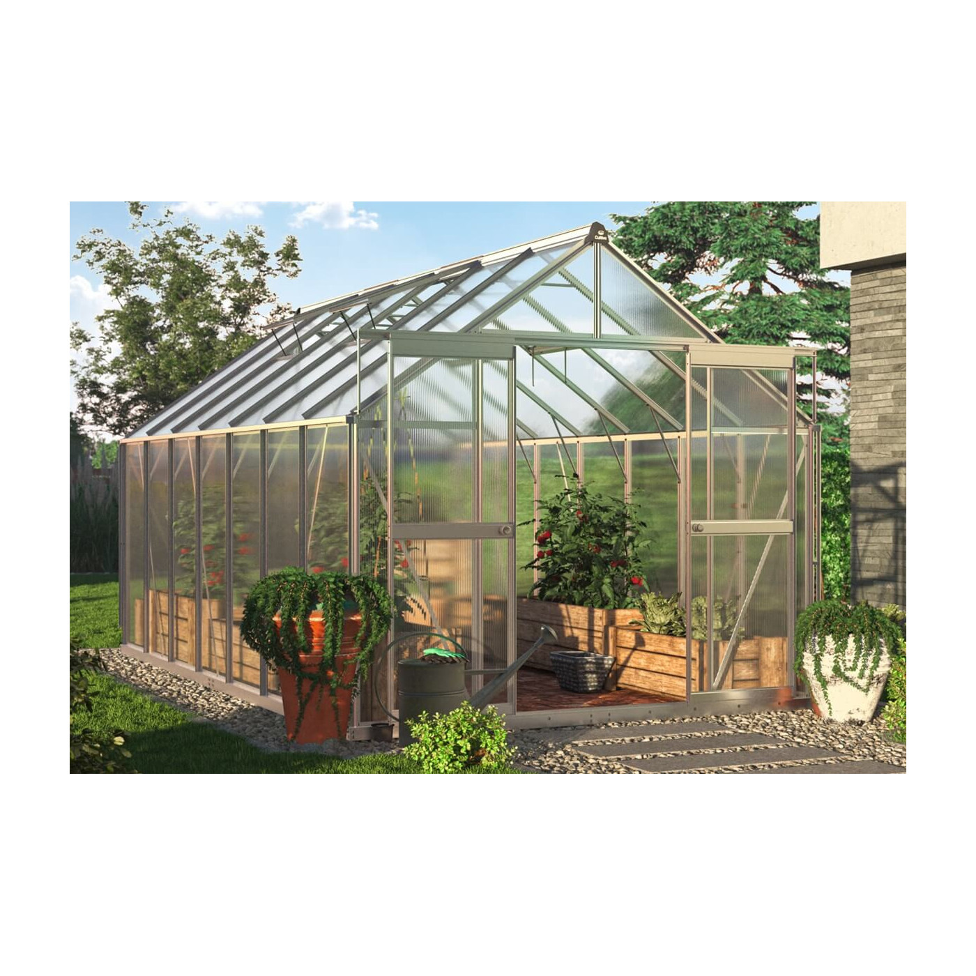 Srebrna szklarnia na pomidory "slide in" z rynnami i oknami wentylacyjnymi