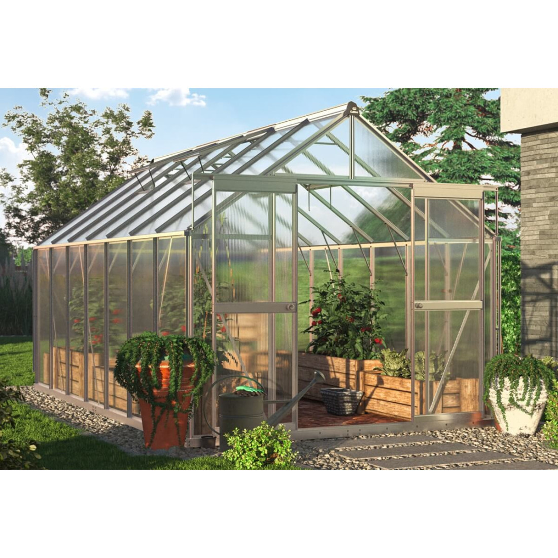 Srebrna szklarnia na pomidory "slide in" z rynnami i oknami wentylacyjnymi