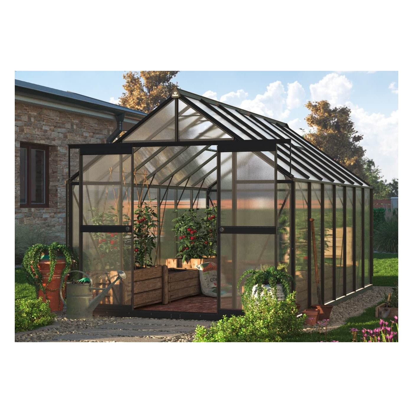 czarna szklarnia z poliwęglanu na warzywa z rozsuwanymi drzwiami i oknami wentylacyjnymi