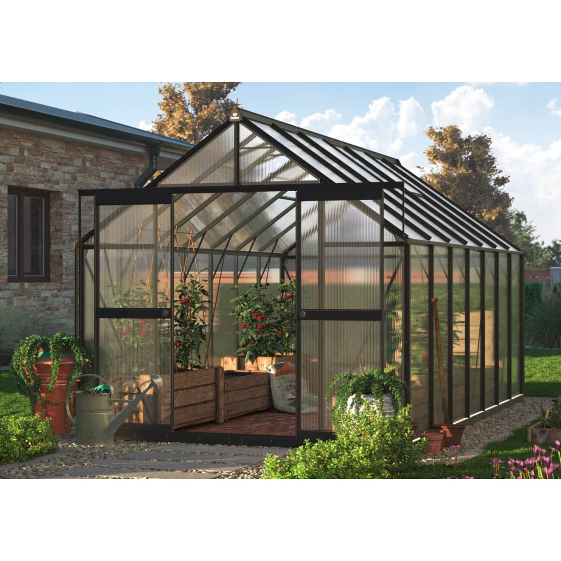 czarna szklarnia z poliwęglanu na warzywa z rozsuwanymi drzwiami i oknami wentylacyjnymi