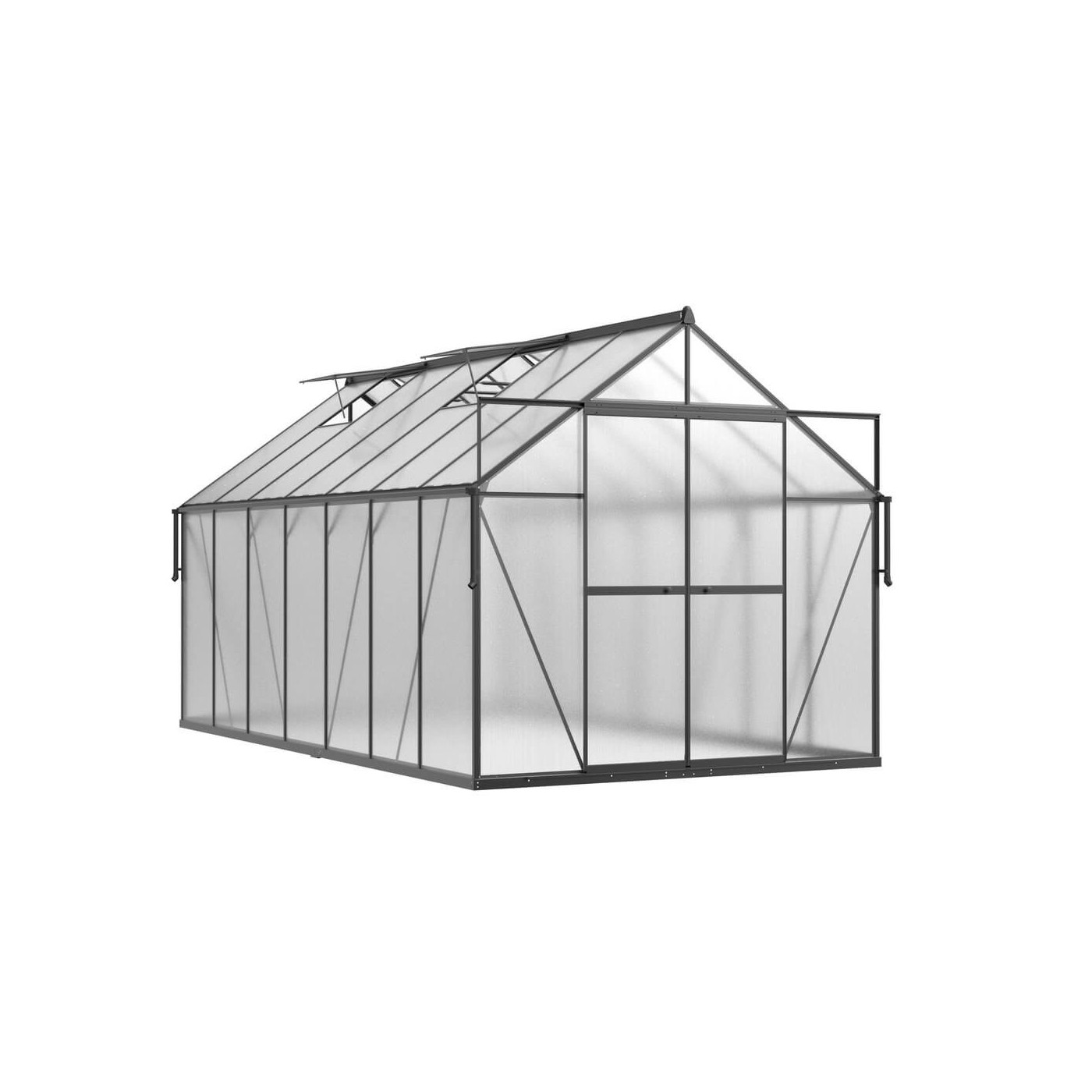 czarna szklarnia na uprawy stojąca na tarasie przy domu jednorodzinnym 