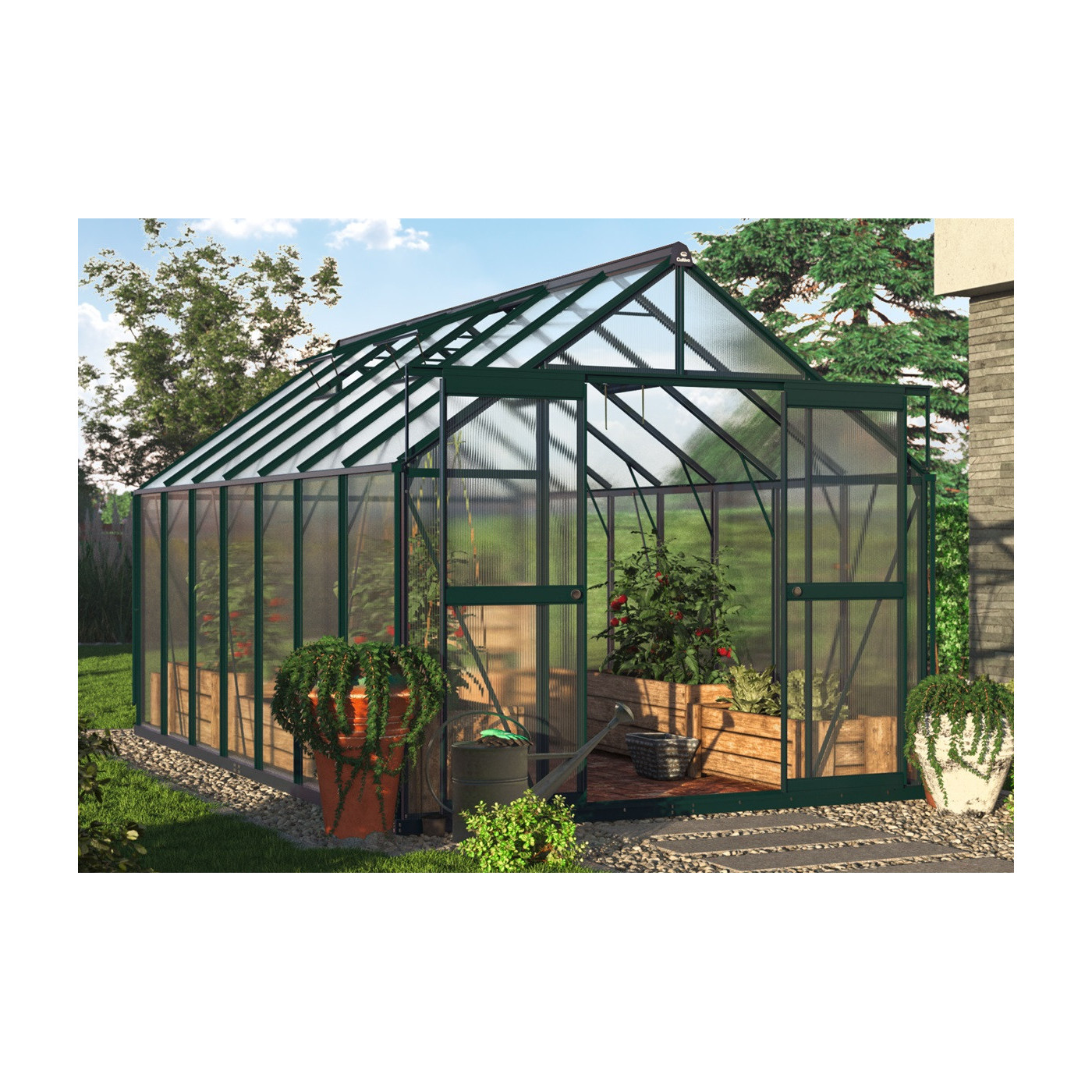 aranżacja ciemno zielonej szklarni na pomidory 