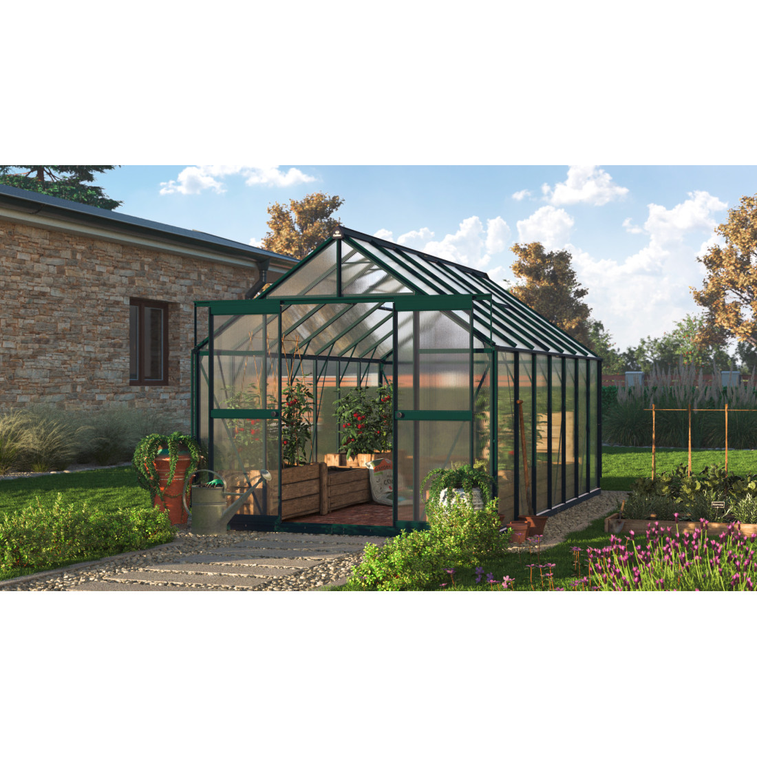 ciemno zielona szklarnia poliwęglanowa w rozmiarze 244x429cm 