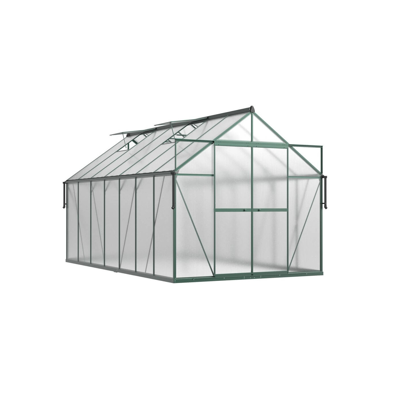 ciemno zielona szklarnia "slide in" z rozsuwanymi drzwiami i oknami wentylacyjnymi