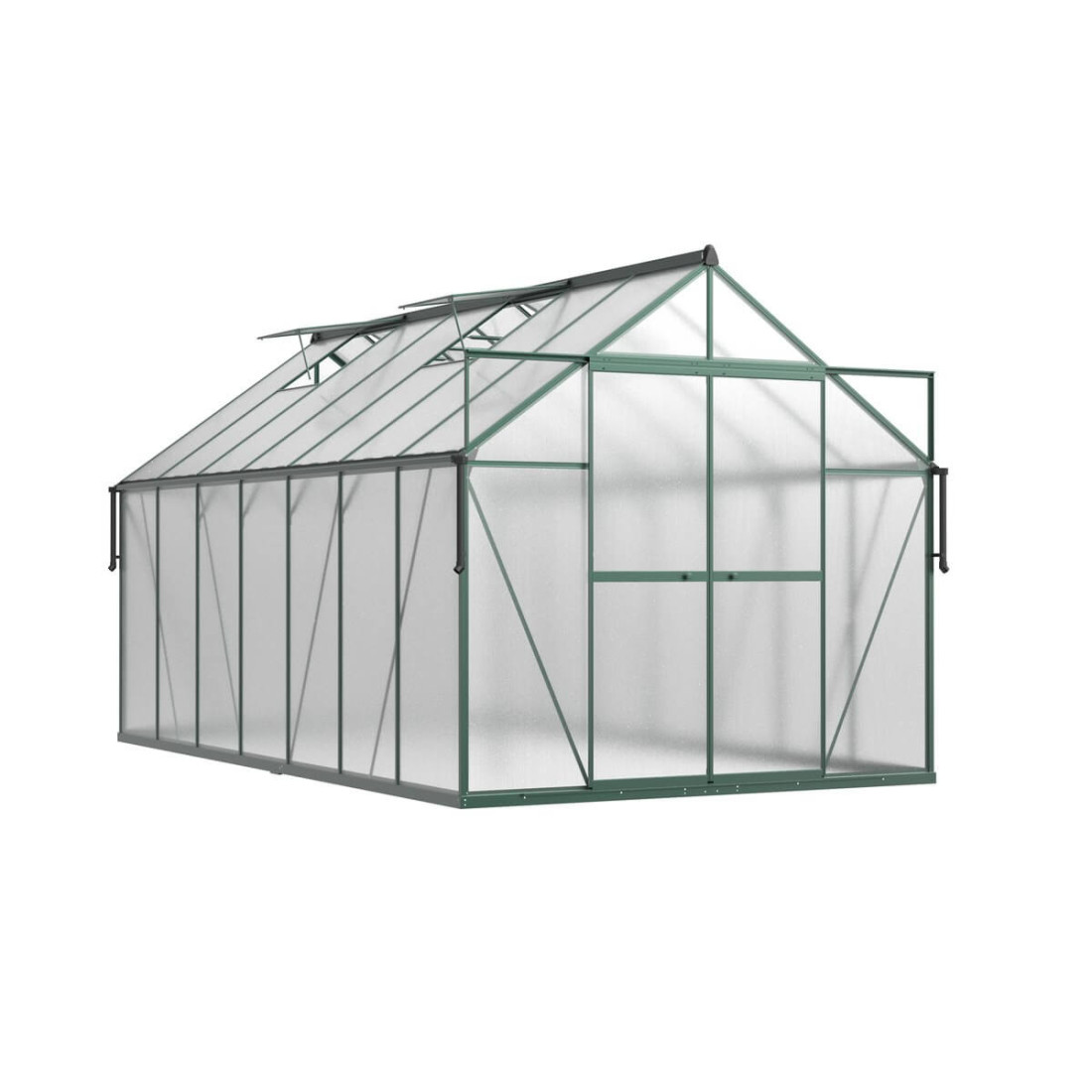 ciemno zielona szklarnia "slide in" z rozsuwanymi drzwiami i oknami wentylacyjnymi
