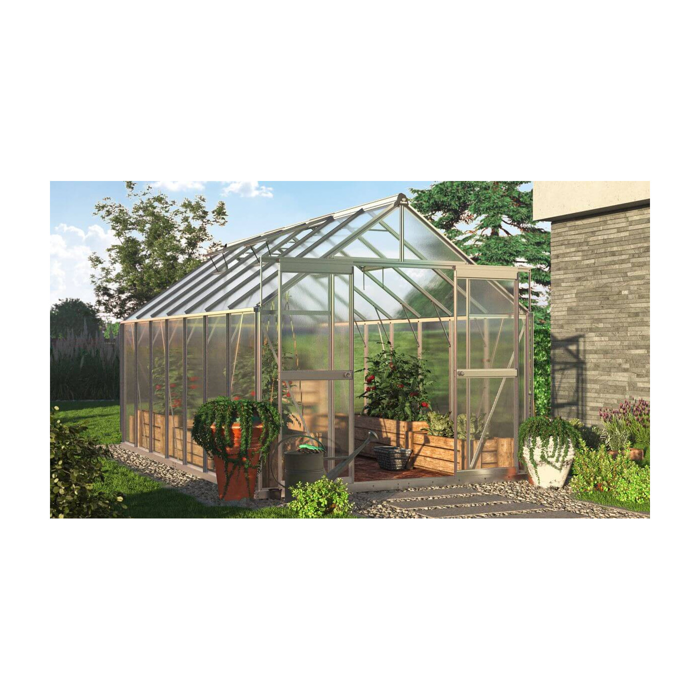 srebrna szklarnia na uprawy z możliwością wentylacji i odprowadzenia wody