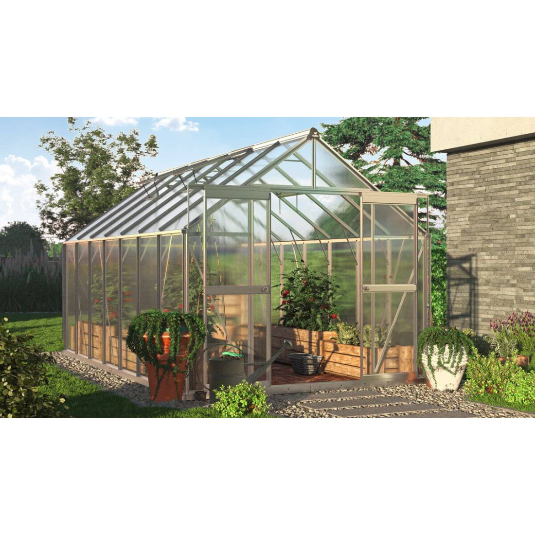 srebrna szklarnia na uprawy z możliwością wentylacji i odprowadzenia wody