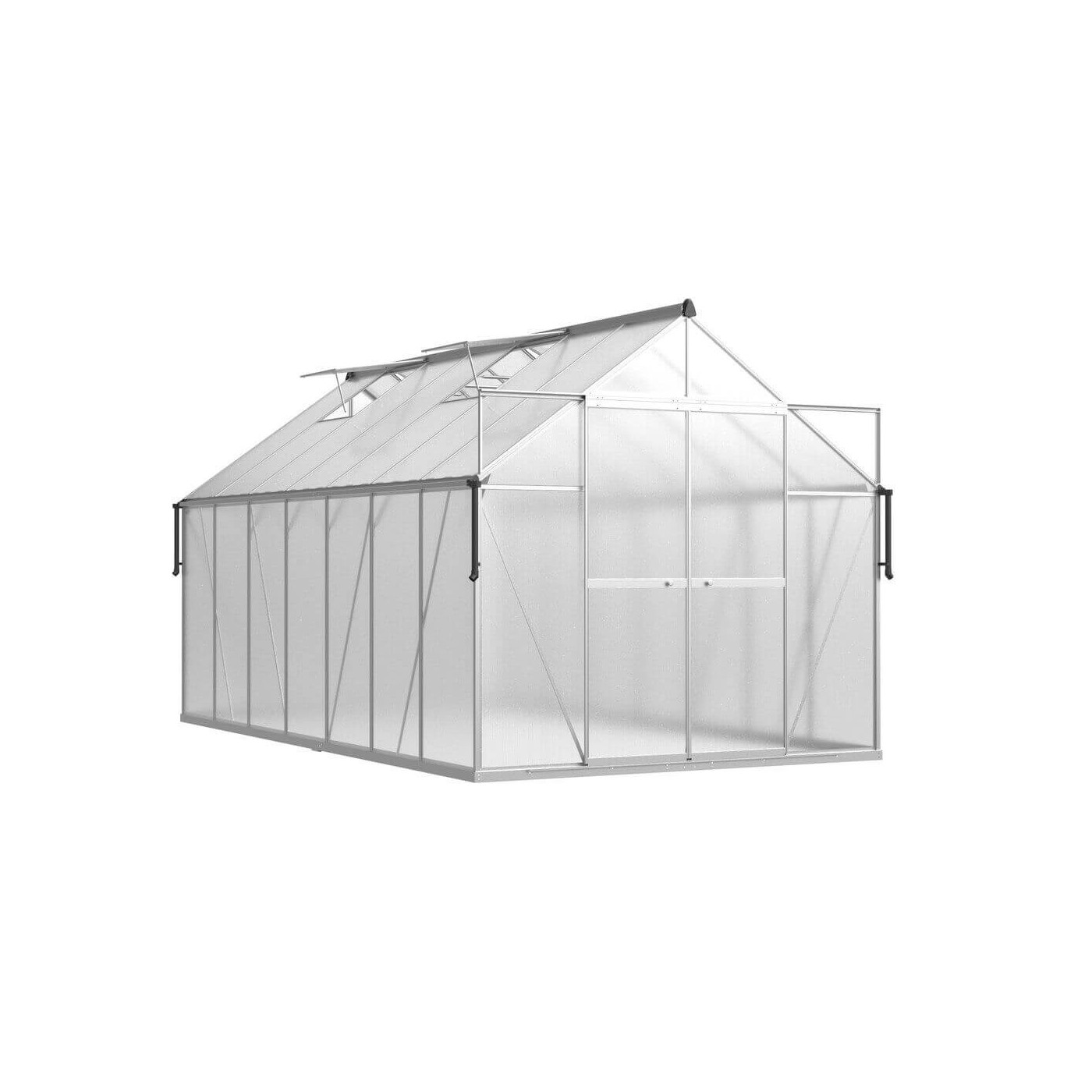 srebrna szklarnia z poliwęglanu na ogrodzie