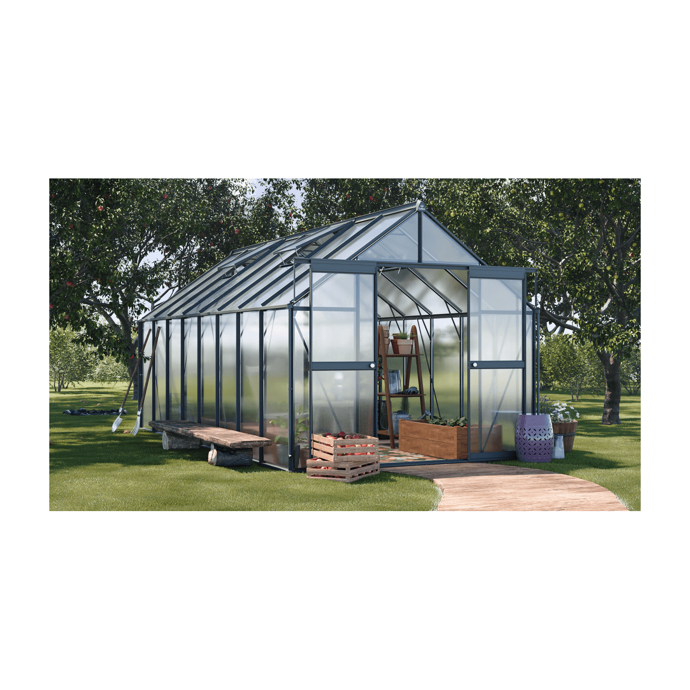 czarna szklarnia na uprawy "slide in" z drzwiami przesuwnymi i oknami wentylacyjnymi