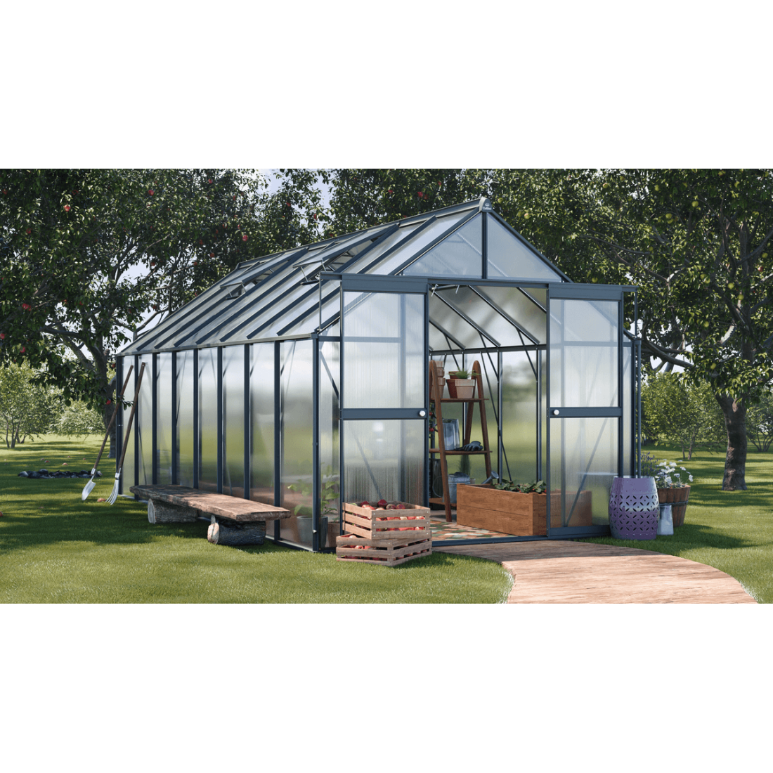 czarna szklarnia na uprawy "slide in" z drzwiami przesuwnymi i oknami wentylacyjnymi