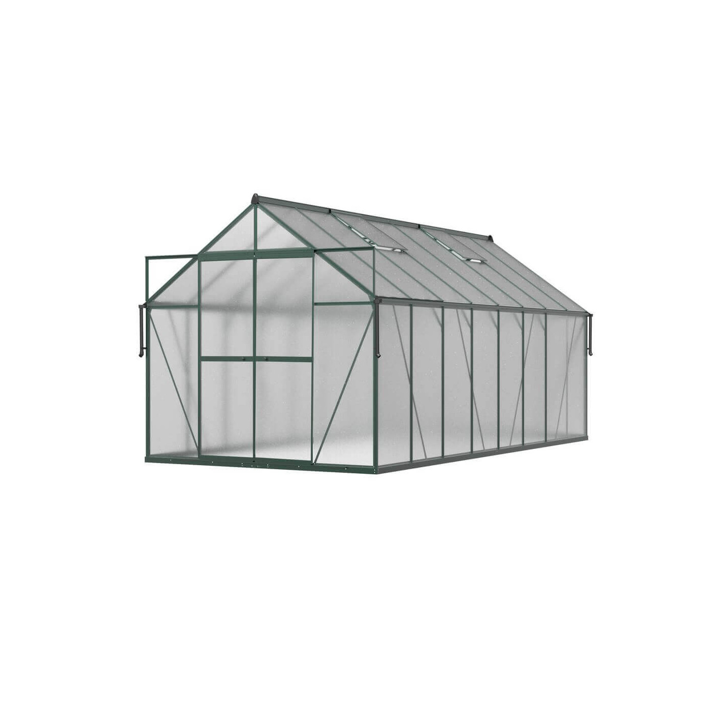 ciemno zielona szklarnia z poliwęglanu z rozsuwanymi drzwiami i oknami wentylacyjnymi