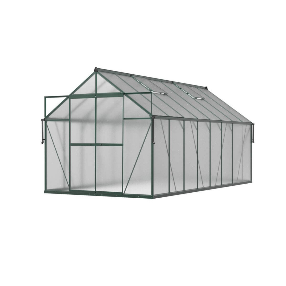 ciemno zielona szklarnia z poliwęglanu z rozsuwanymi drzwiami i oknami wentylacyjnymi