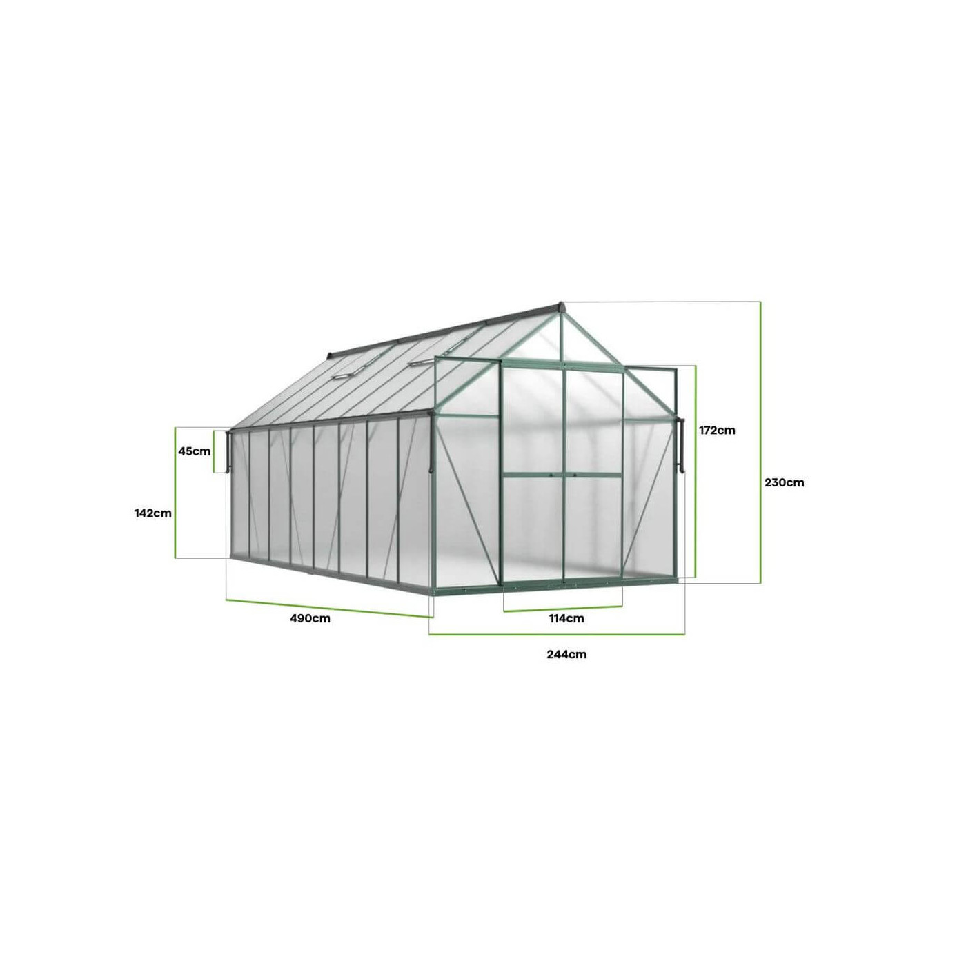 POLYCARBONATE GREENHOUSE 244x490 DARK GREEN NEW