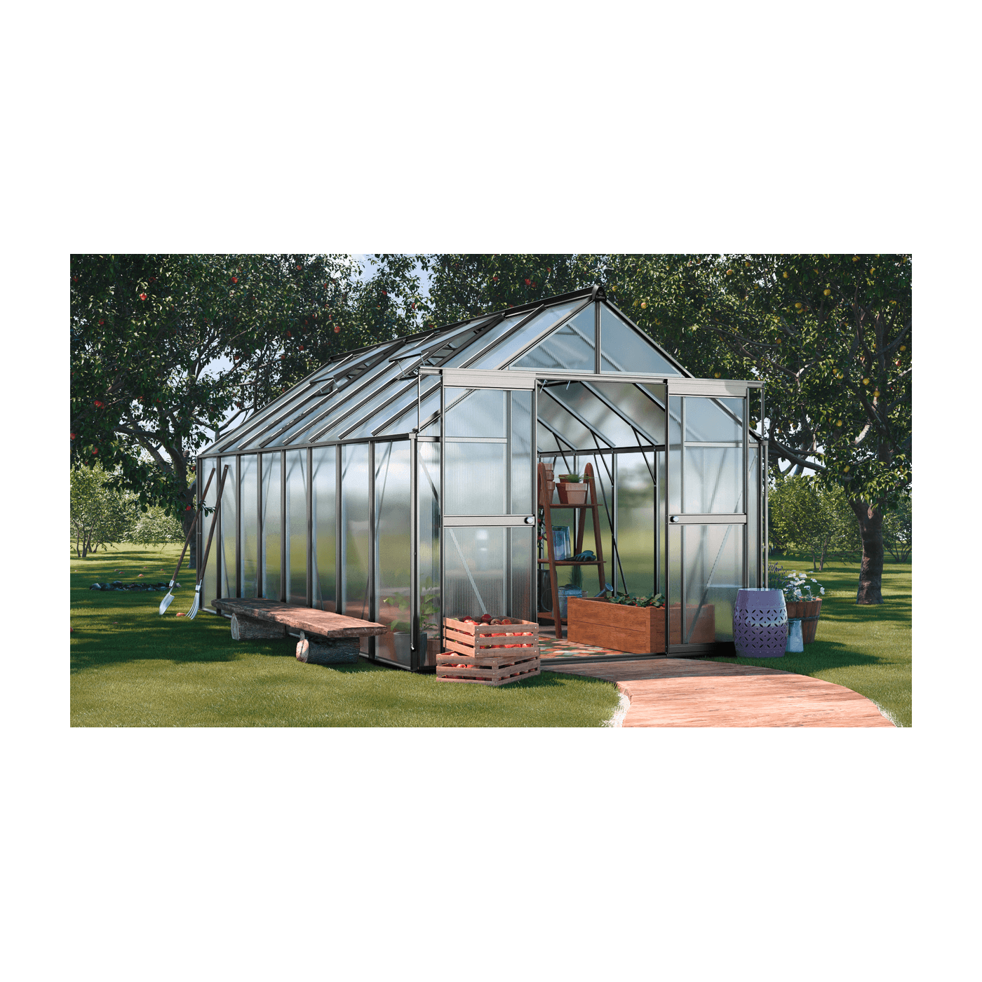 srebrna szklarnia z poliwęglanu z rynnami odprowadzającymi wodę i oknami wentylacyjnymi