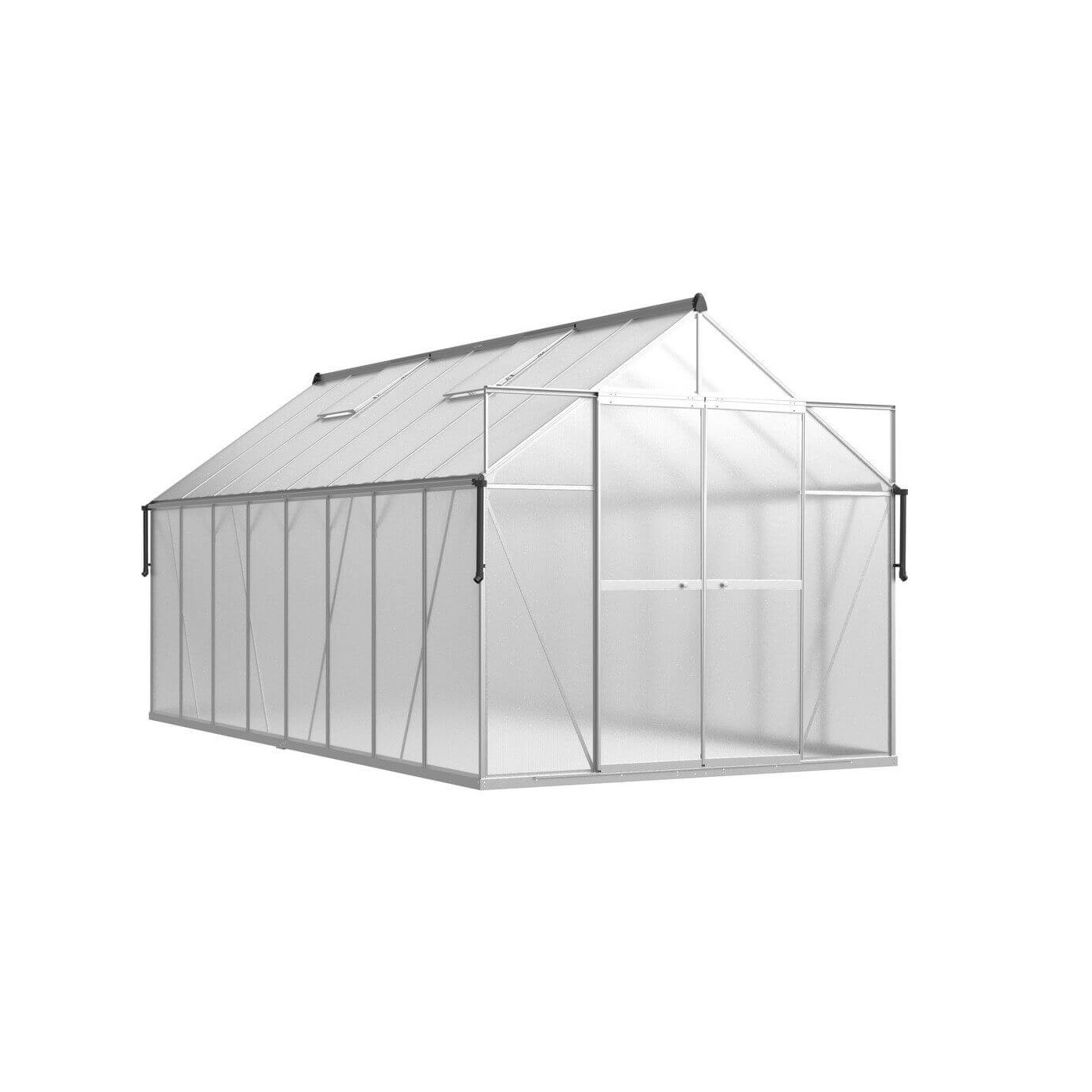 widok z środka szklarni na konstrukcję z metalu z panelami z poliwęglanu