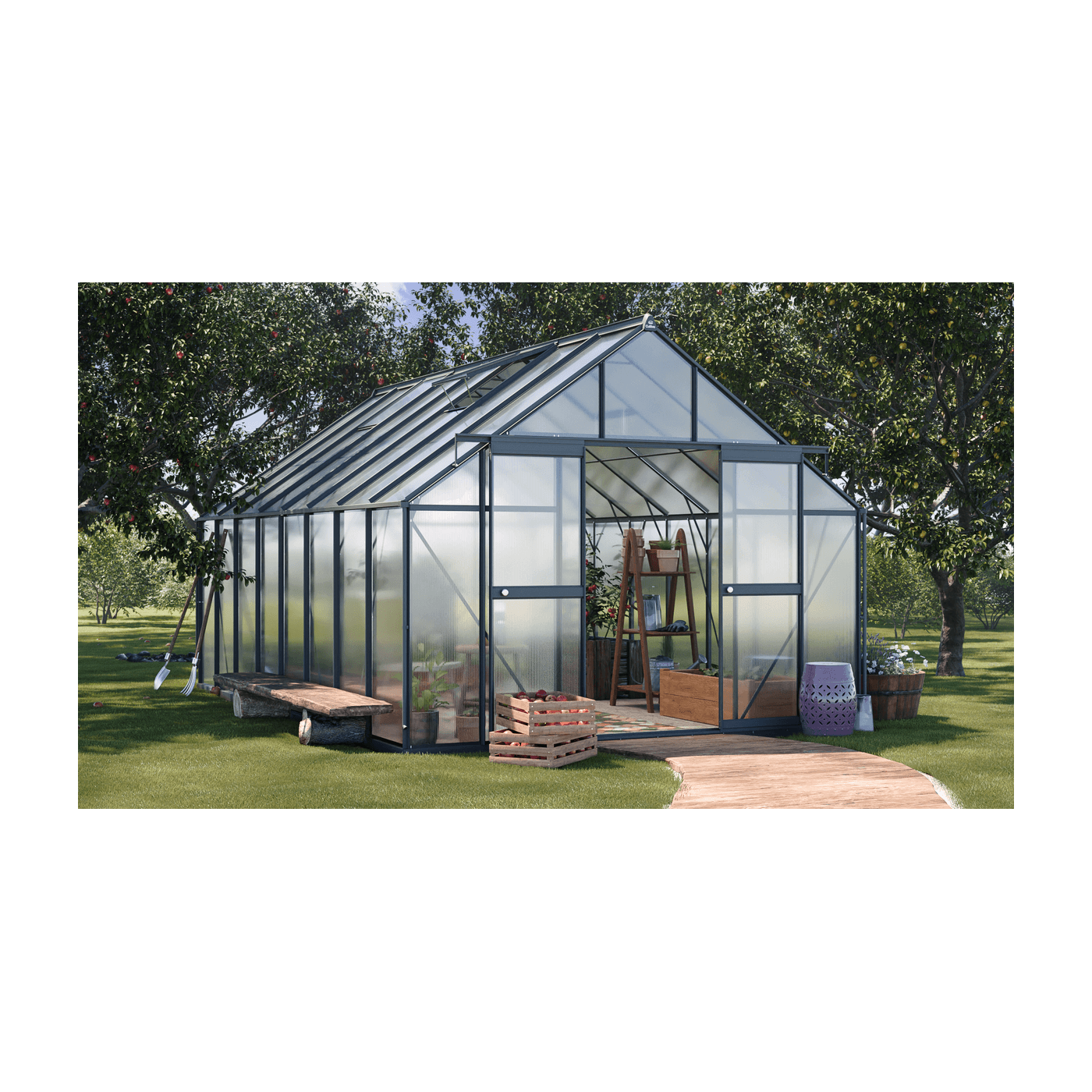 czarna szklarnia z poliwęglanu "slide in" z rynnami odprowadzającymi wodę, przesuwnymi drzwiami i oknami wentylacyjnymi