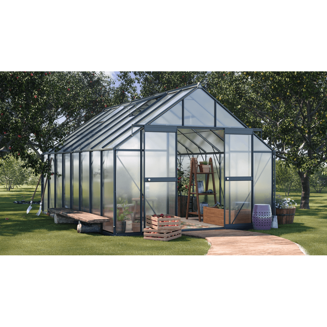 czarna szklarnia z poliwęglanu "slide in" z rynnami odprowadzającymi wodę, przesuwnymi drzwiami i oknami wentylacyjnymi