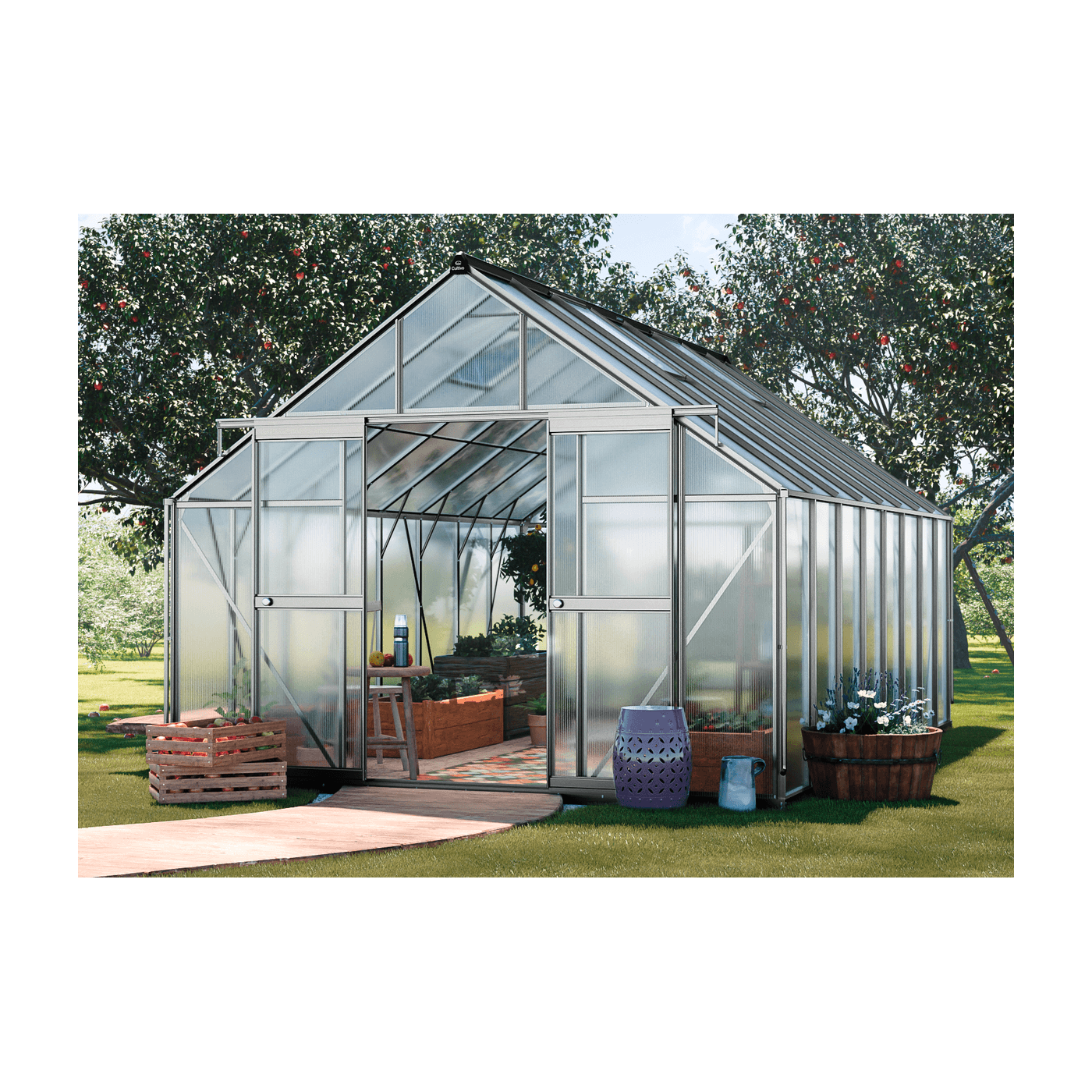 aranżacja srebrnej szklarni z poliwęglanu "slide in" 