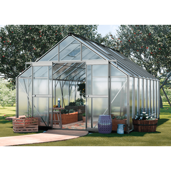 aranżacja srebrnej szklarni z poliwęglanu "slide in" 